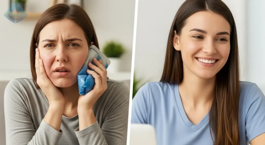 Split image showing a woman with a swollen face holding an ice pack on one side (traditional recovery) and the same woman smiling and working on a laptop on the other side (modern, faster recovery)