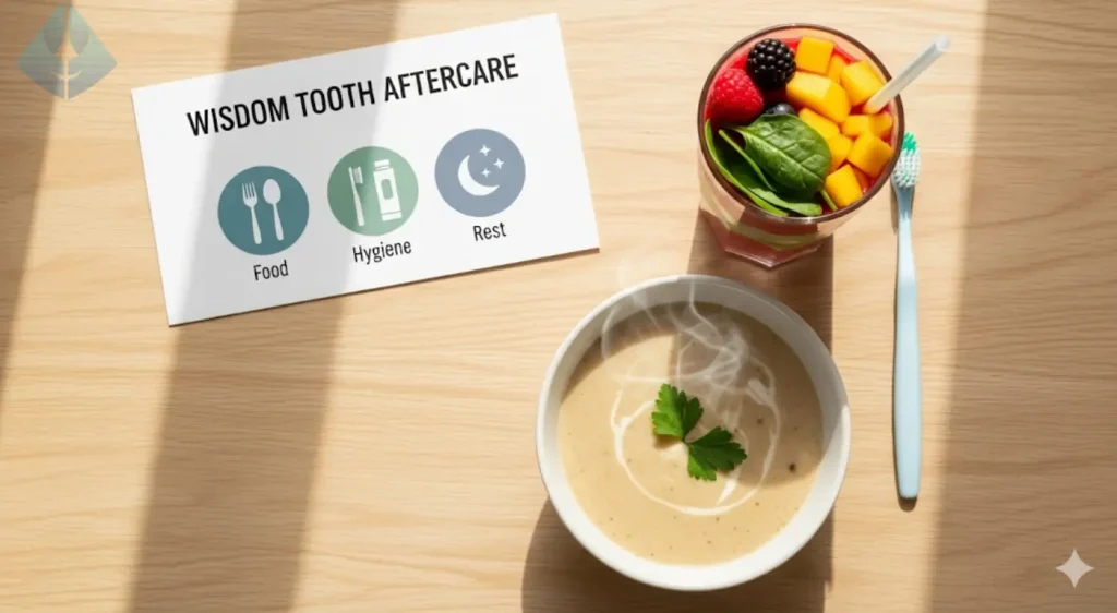 A calming, flat lay image of wisdom tooth aftercare items, including a bowl of soup, a smoothie, and a soft toothbrush, all arranged on a light wood table to represent a smooth recovery.