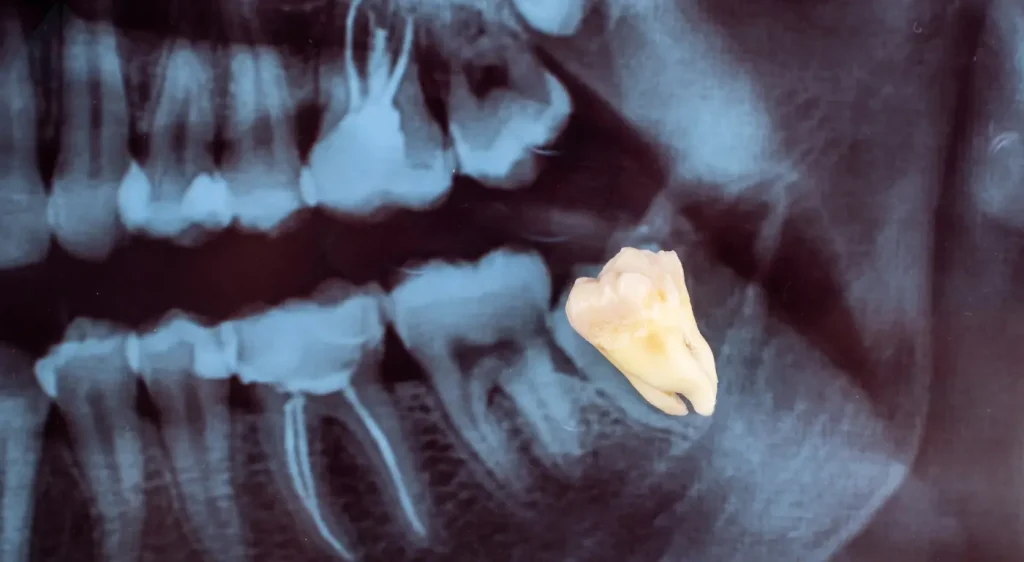 A detailed 3D CBCT scan showing an impacted wisdom tooth and its proximity to the mandibular nerve in an adult jaw