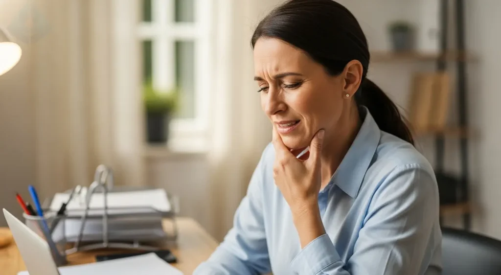 An adult over 30 experiencing jaw pain, a common symptom of an impacted wisdom tooth needing professional evaluation