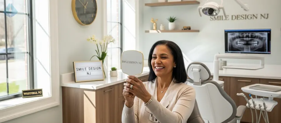 A happy patient admiring their new smile after a cosmetic procedure at Smile Design NJ in Westfield