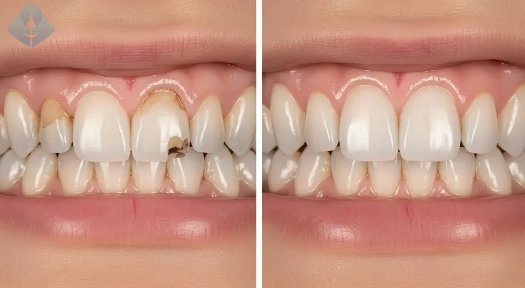 Before and after photo showcasing porcelain veneers for chipped teeth in Westfield, NJ.)