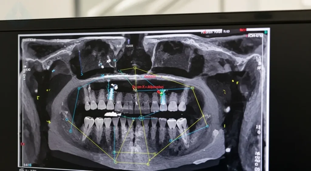 3D CBCT scan showing digital planning for All-on-X dental implants at Smile Design NJ.