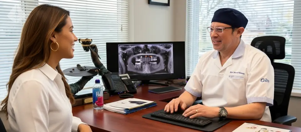 Dr. Aristo Carranza discussing a 3D scan for dental implants in Westfield NJ with a patient at Smile Design NJ.