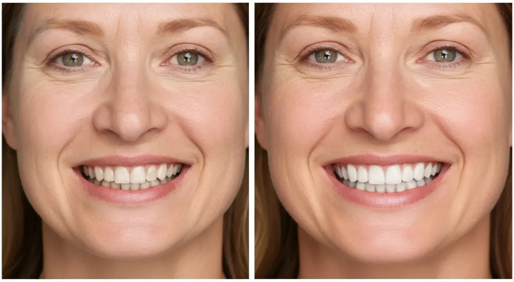 A stunning before and after photo of a complete smile makeover with porcelain veneers by Dr. Aristo Carranza in Westfield.