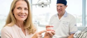 Mature patient discussing fixed implant dentures with Dr. Aristo Carranza at Smile Design NJ in Westfield, NJ.