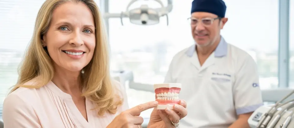 Mature patient discussing fixed implant dentures with Dr. Aristo Carranza at Smile Design NJ in Westfield, NJ.