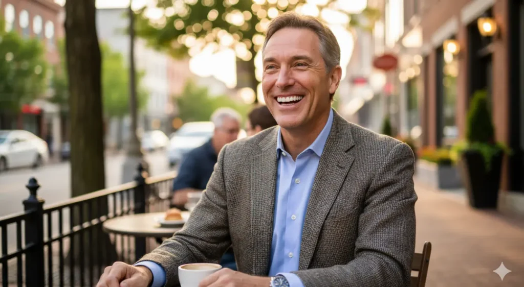 A confident man from the Westfield, NJ area laughing and enjoying life, showcasing his best smile thanks to cosmetic dentistry.