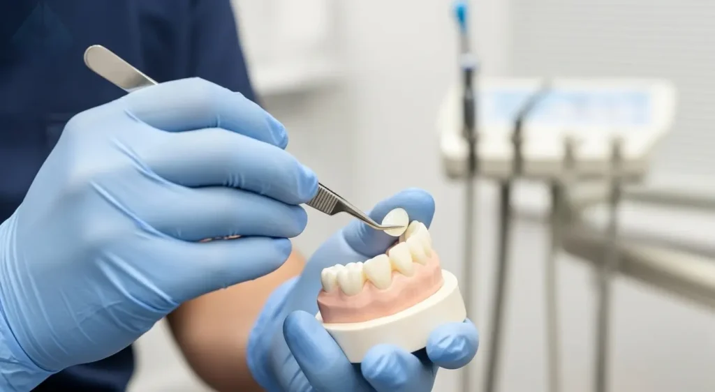 Close-up of a cosmetic dentist precisely placing a porcelain veneer, demonstrating the veneer procedure tooth preparation.