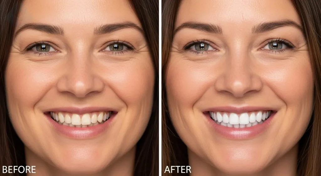 Before and after photo showcasing the natural look of porcelain veneers in Westfield, NJ.