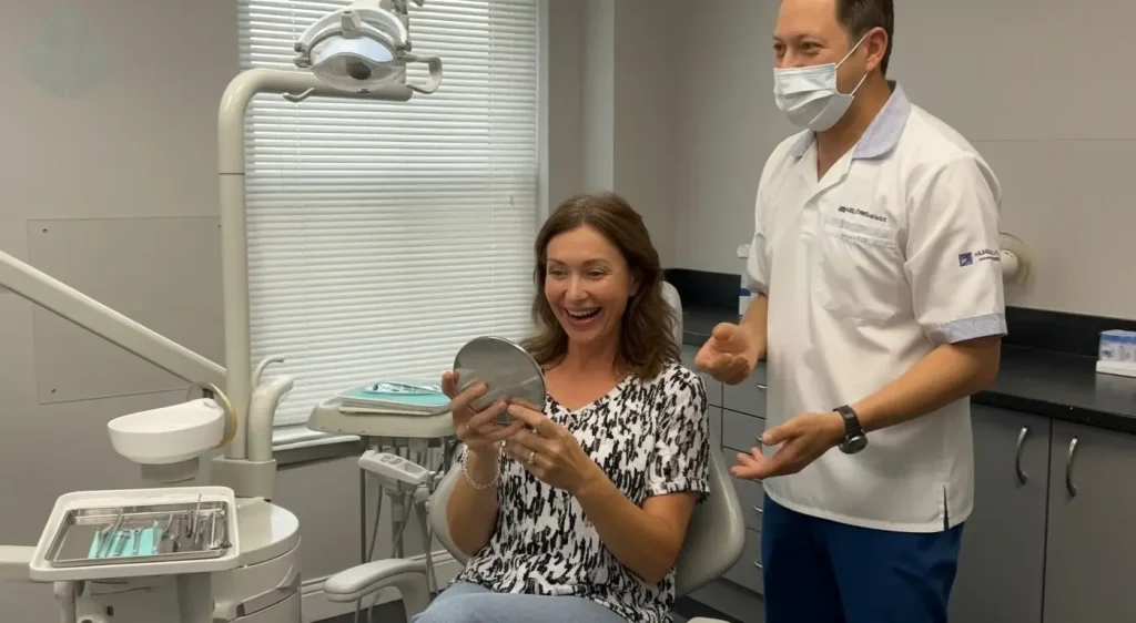 A happy patient seeing her new smile for the first time after her smile transformation journey with Dr. Aristo Carranza in Westfield.