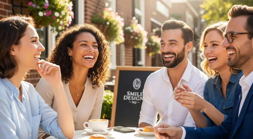 A group of adults confidently smiling and laughing, showcasing the results of porcelain veneers.