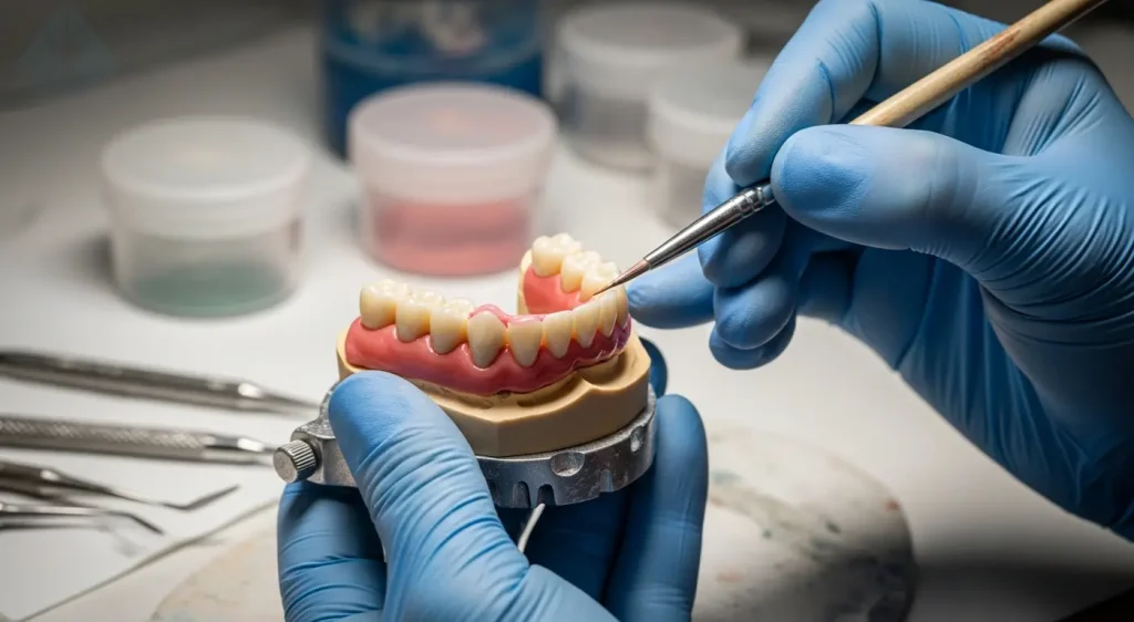 A close-up of a high-quality, custom-made porcelain bridge for a full-mouth dental implant restoration.