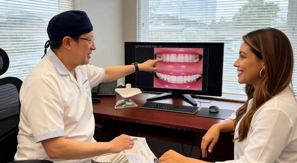 Dr. Aristo Carranza discussing a digital smile design for porcelain veneers with a patient in Westfield, NJ.