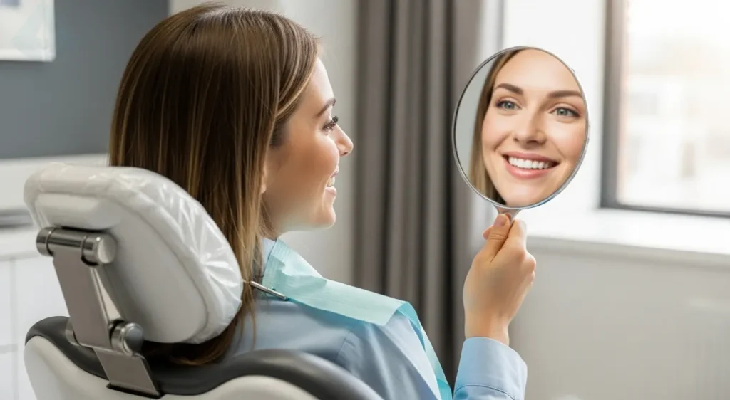 Happy patient seeing her custom smile makeover results for the first time at Smile Design NJ.