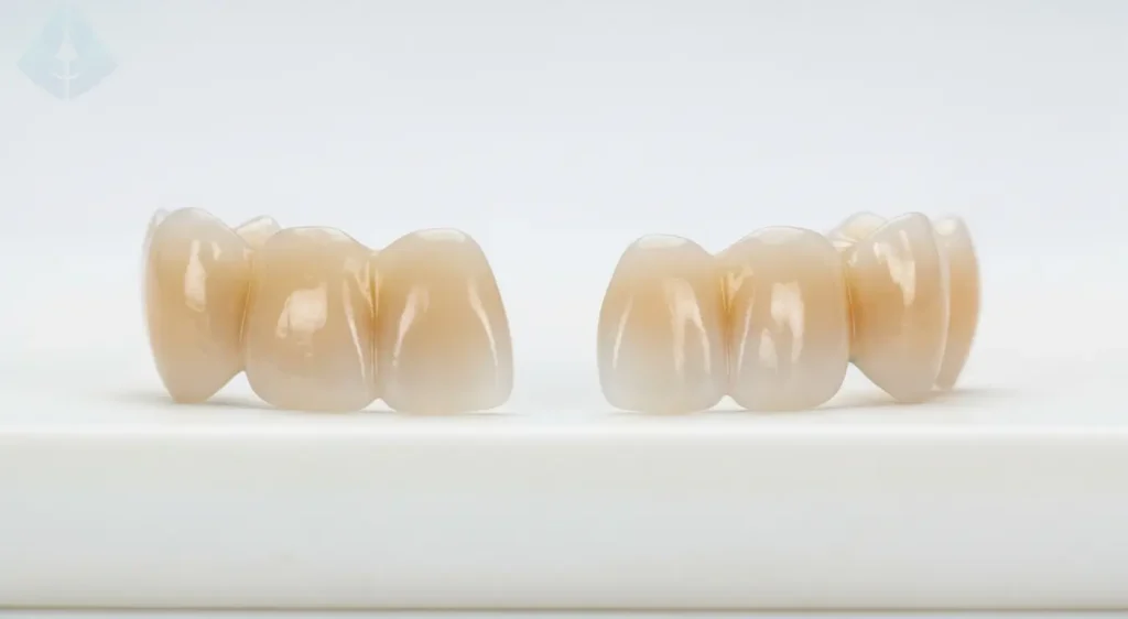 A visual comparison showing the superior natural appearance of a custom porcelain veneer next to a generic one.