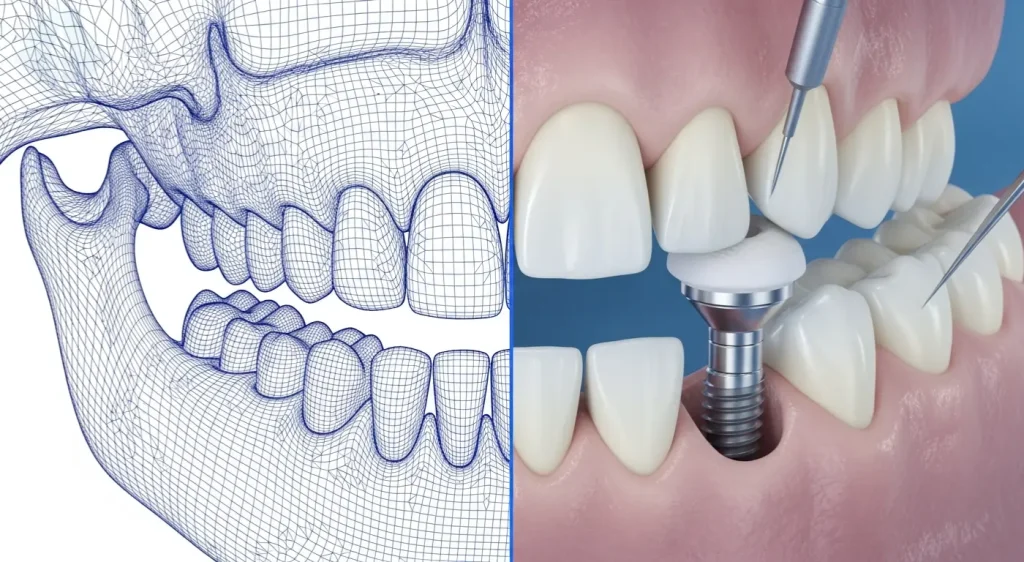 Digital planning graphic for dental implants showing bone structure and implant placement.