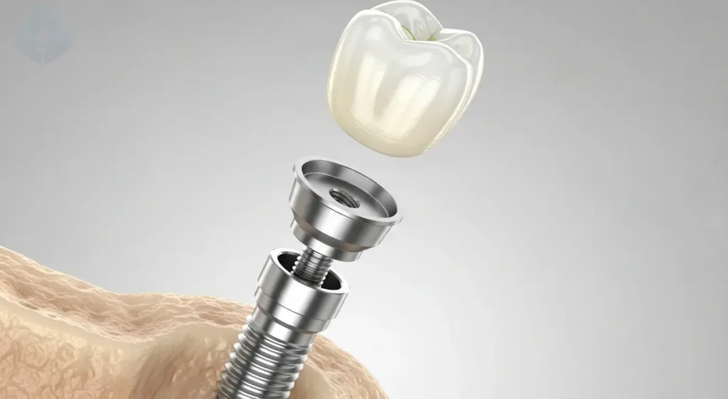 A detailed diagram showing the titanium screw, abutment, and crown of a modern dental implant.