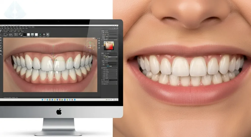 Digital smile design in 3D software compared to the final result of a perfect smile.