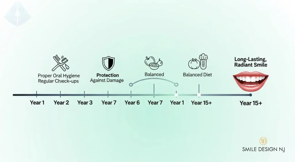 An infographic showing that porcelain veneers can last 15+ years with proper dental care.
