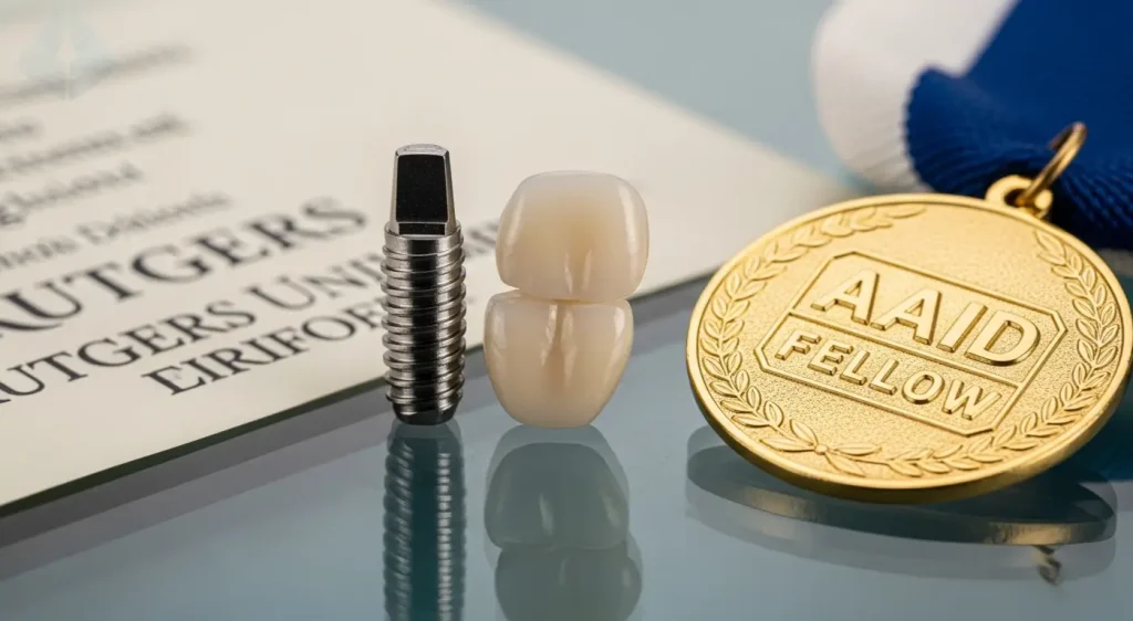 Dental credentials and ceramic veneers representing the benefits of choosing a specialist for smile design NJ.