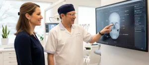 Dr Aristo Carranza discussing the benefits of choosing a specialist for smile design NJ with a patient using digital screens.