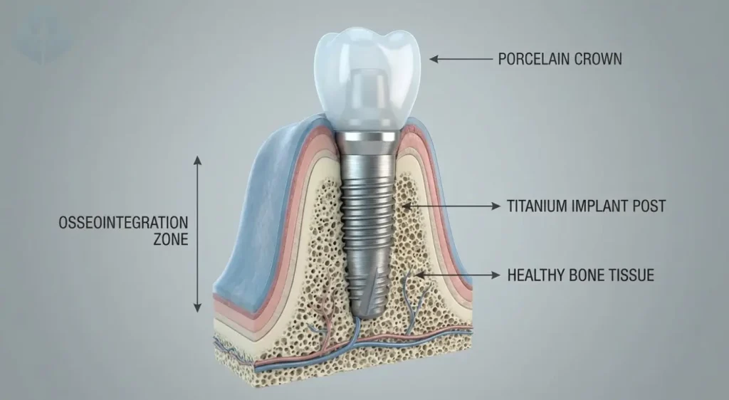 Diagram showing the structure of Full Mouth Dental Implants and osseointegration