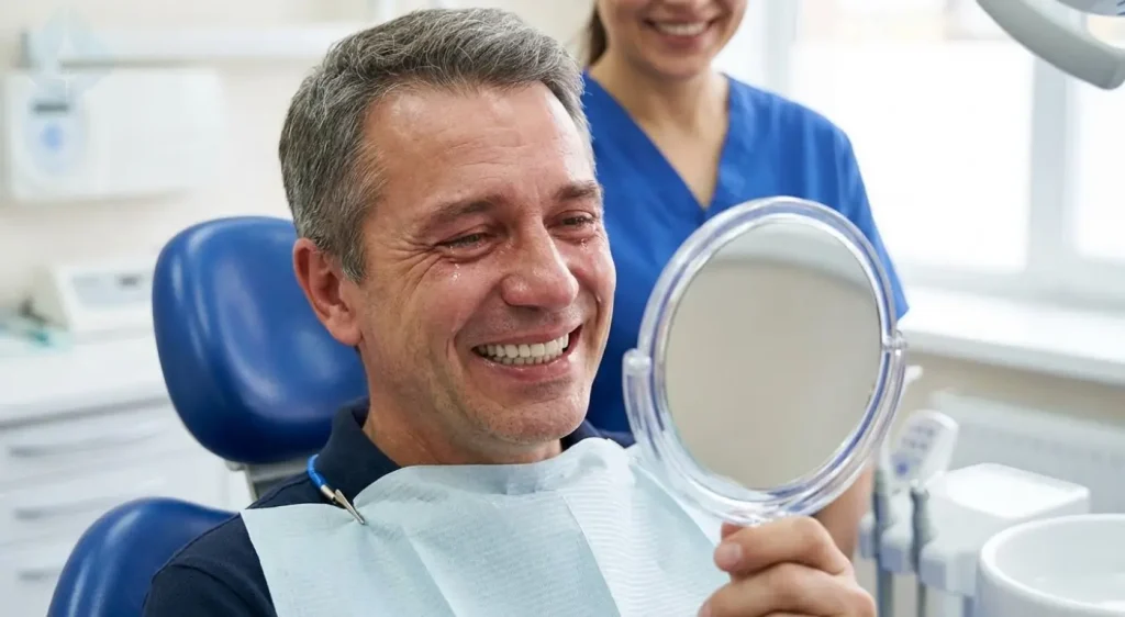 Patient reacting with joy during a Smile Makeover Consultation follow up