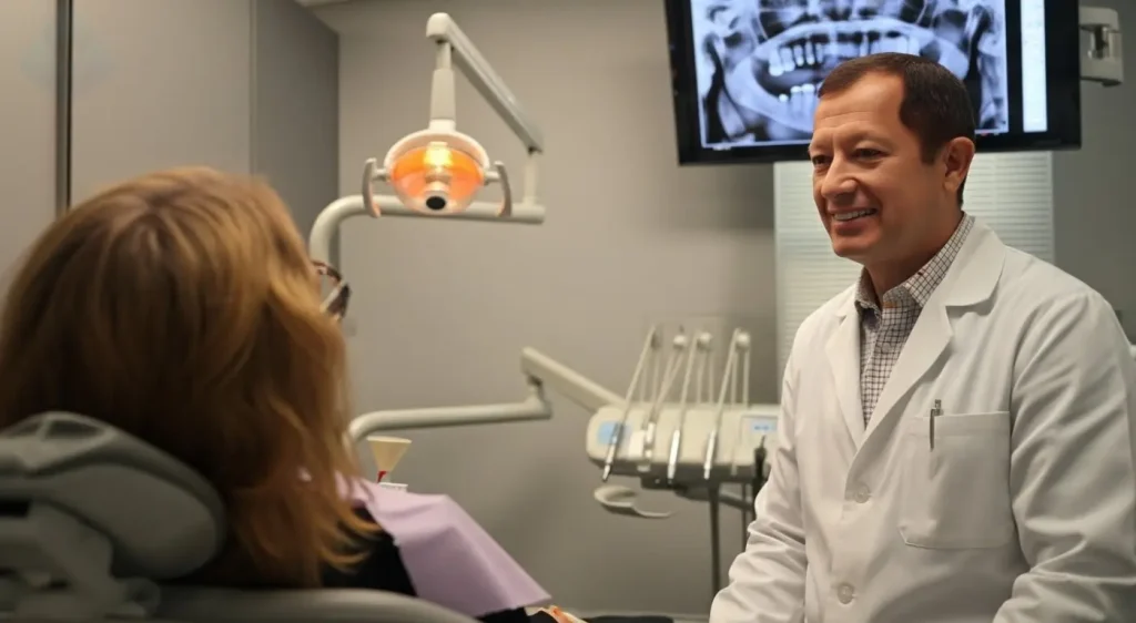 Dr Carranza explaining the Dental Implant Osseointegration timeline to a patient