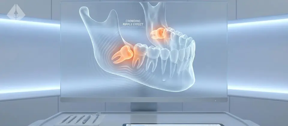3D diagram showing how preventive wisdom teeth removal stops dental crowding