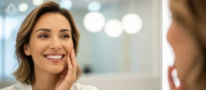 Happy patient admiring her new smile after a Smile Makeover Consultation