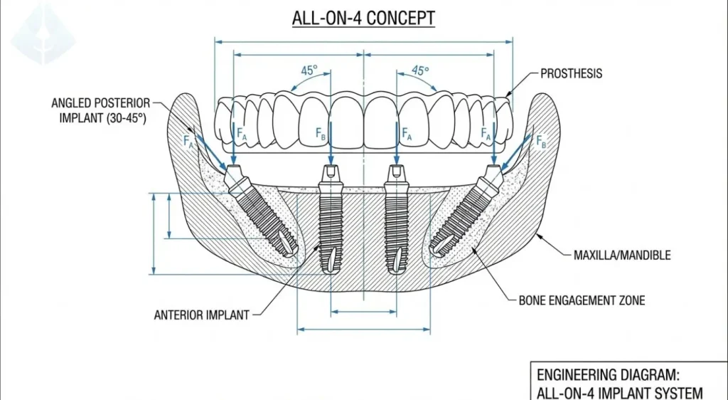 Diagram demonstrating the 45-degree angle placement of All-on-4 implants.