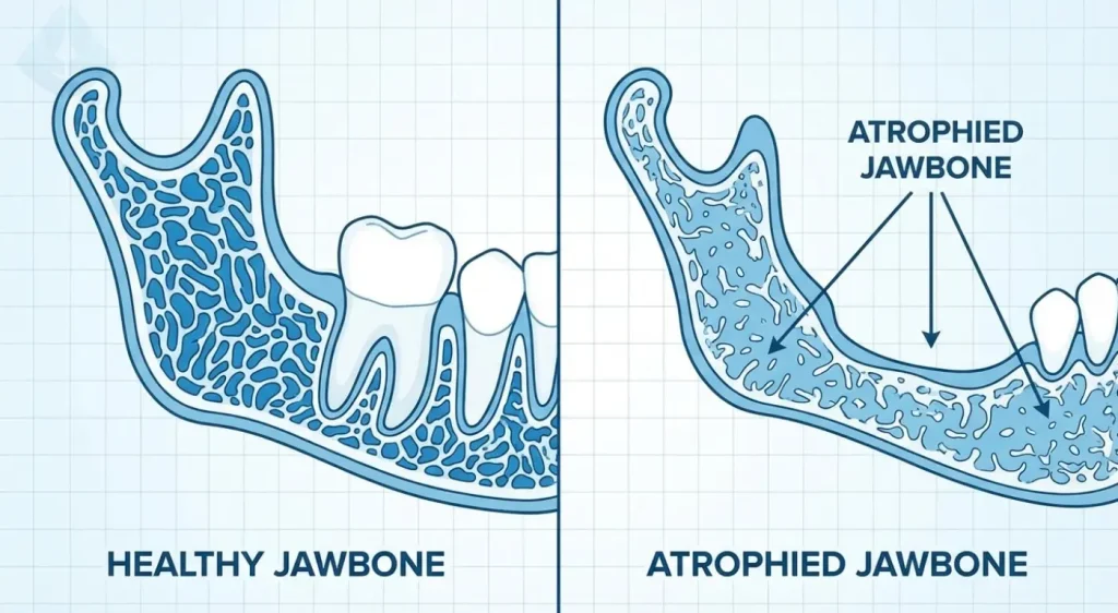 Diagram showing bone loss in the jaw compared to healthy bone structure.