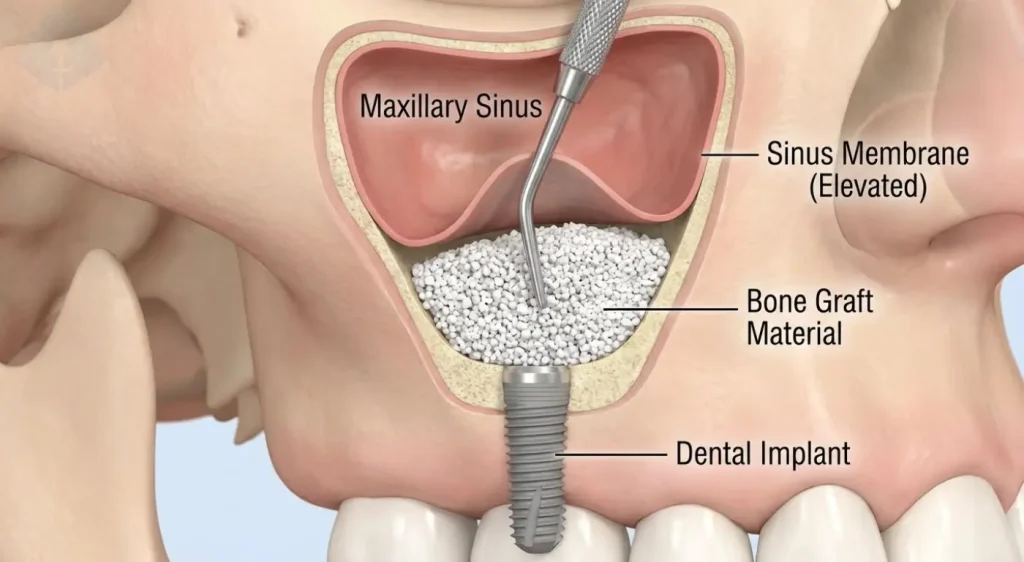 Illustration of a sinus lift procedure to prepare for dental implants.