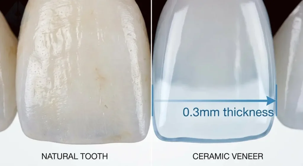 Macro shot comparing natural enamel to ultra-thin veneer thickness.